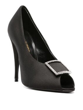 Saint Laurent Black Satin Peep-Toe Pump with Crystal Square Buckle